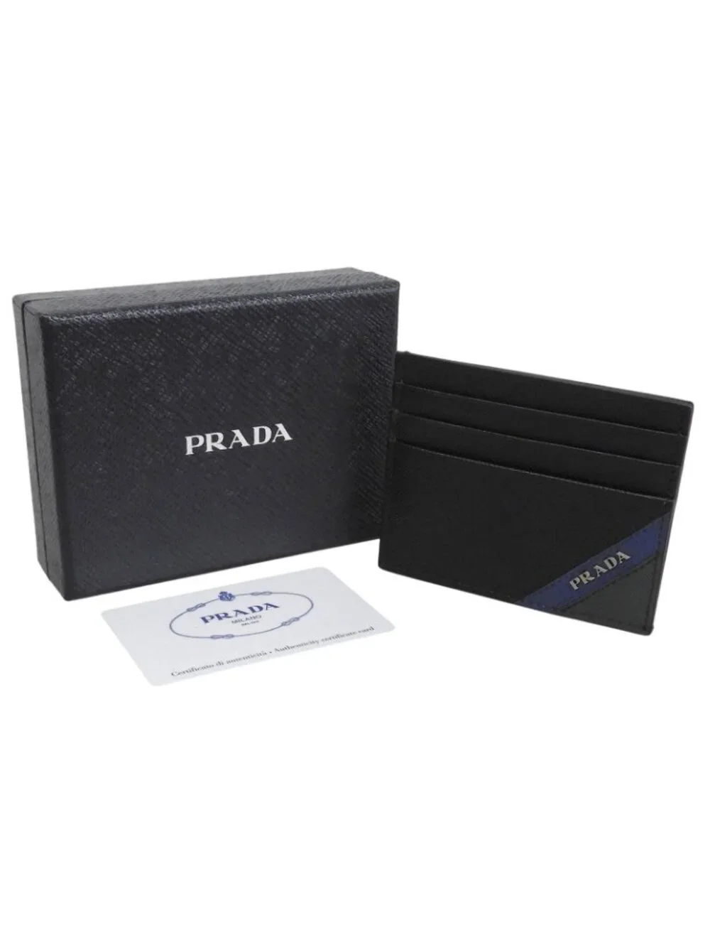 Prada Saffiano Leather Stripe Logo Business Card Case Black